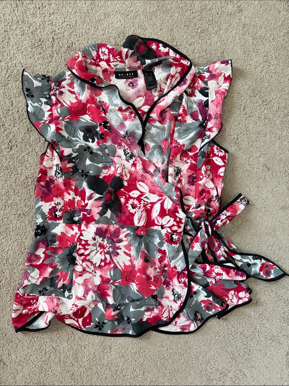 Axcess Pink and Gray Floral Wrap Blouse